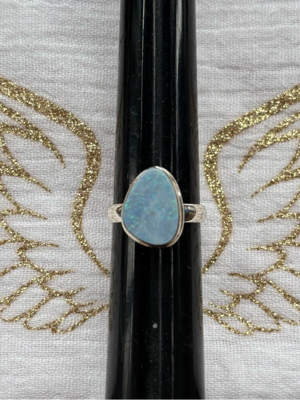 Sterling Silver Blue Opal Gemstone Ring - Women's Solitaire Ring Size 8